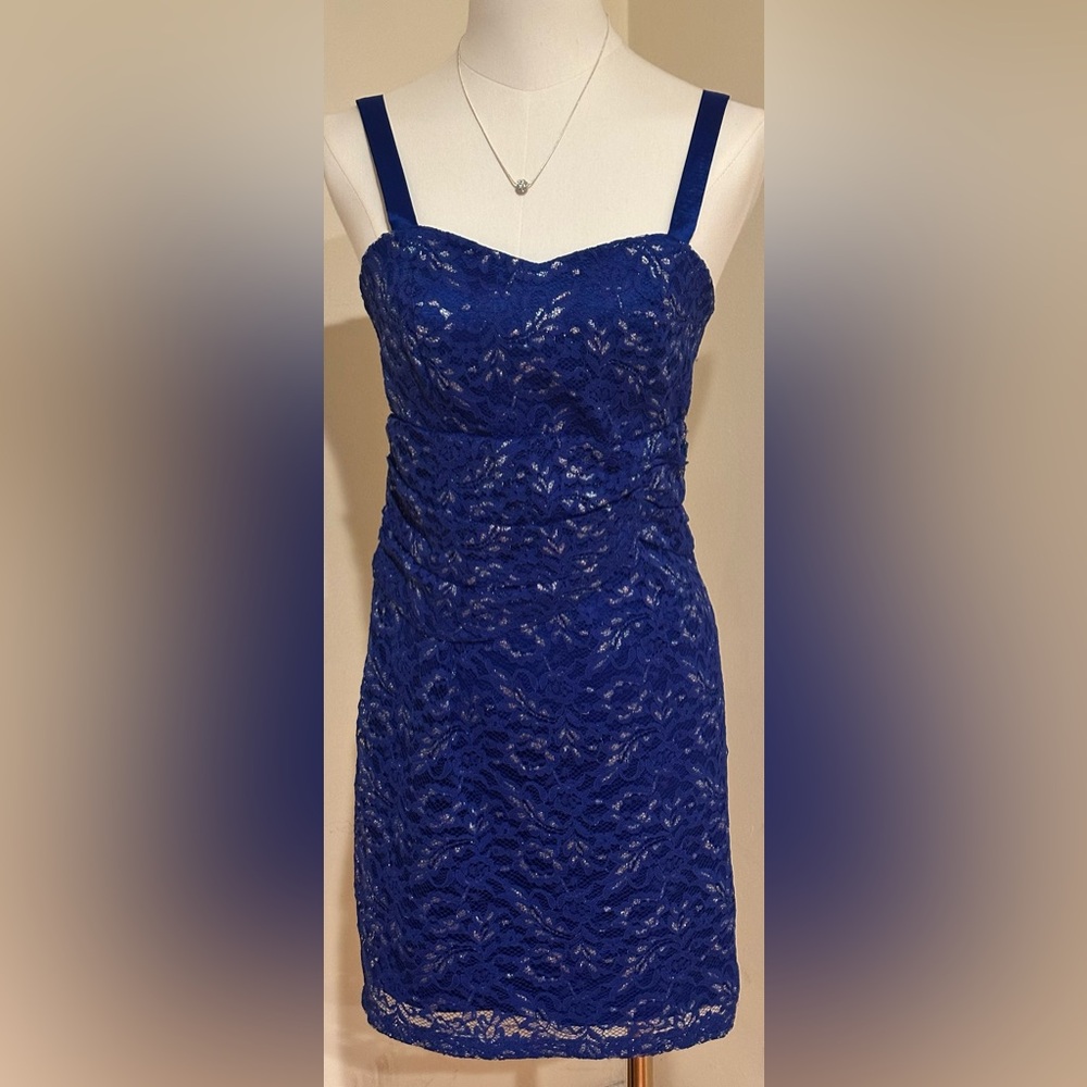 SALLY Metallic Royal Blue Silver Lace Sweetheart Straps  Mini Dress Sz S Chico